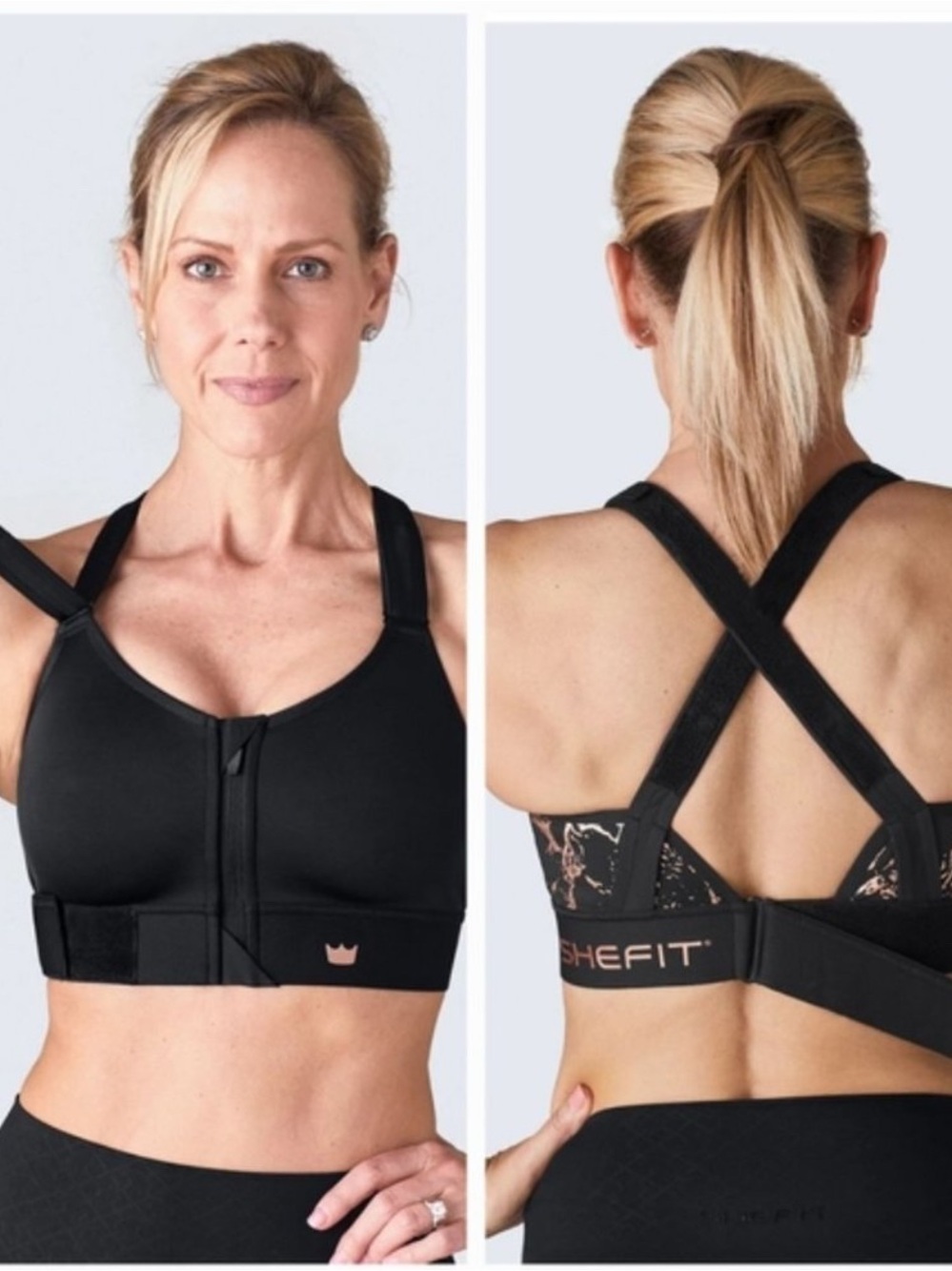 SHEFIT Black Front-Zip Support Bra with Gold Crown Accent